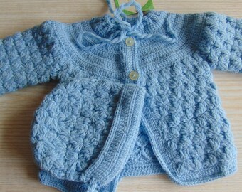 Vintage set of 2 parts,  Hand knitted babies blue jacket and hat , Baby clothes, Baby clothing, For a baby,  Newborn coat