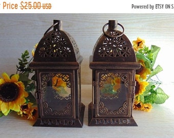 20%ON SALE Set of 2 Vintage Lantern, Rustic Lighting, Antique Brass Lantern, Moroccan Lantern, Candle Holder, Home Decor