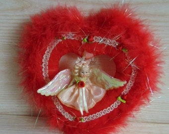 ON SALE Vintage Romantic Heart Wreath, Mother's Day Wreath, Wedding Wreath, Heart Wreath, Red Wreath with  angel
