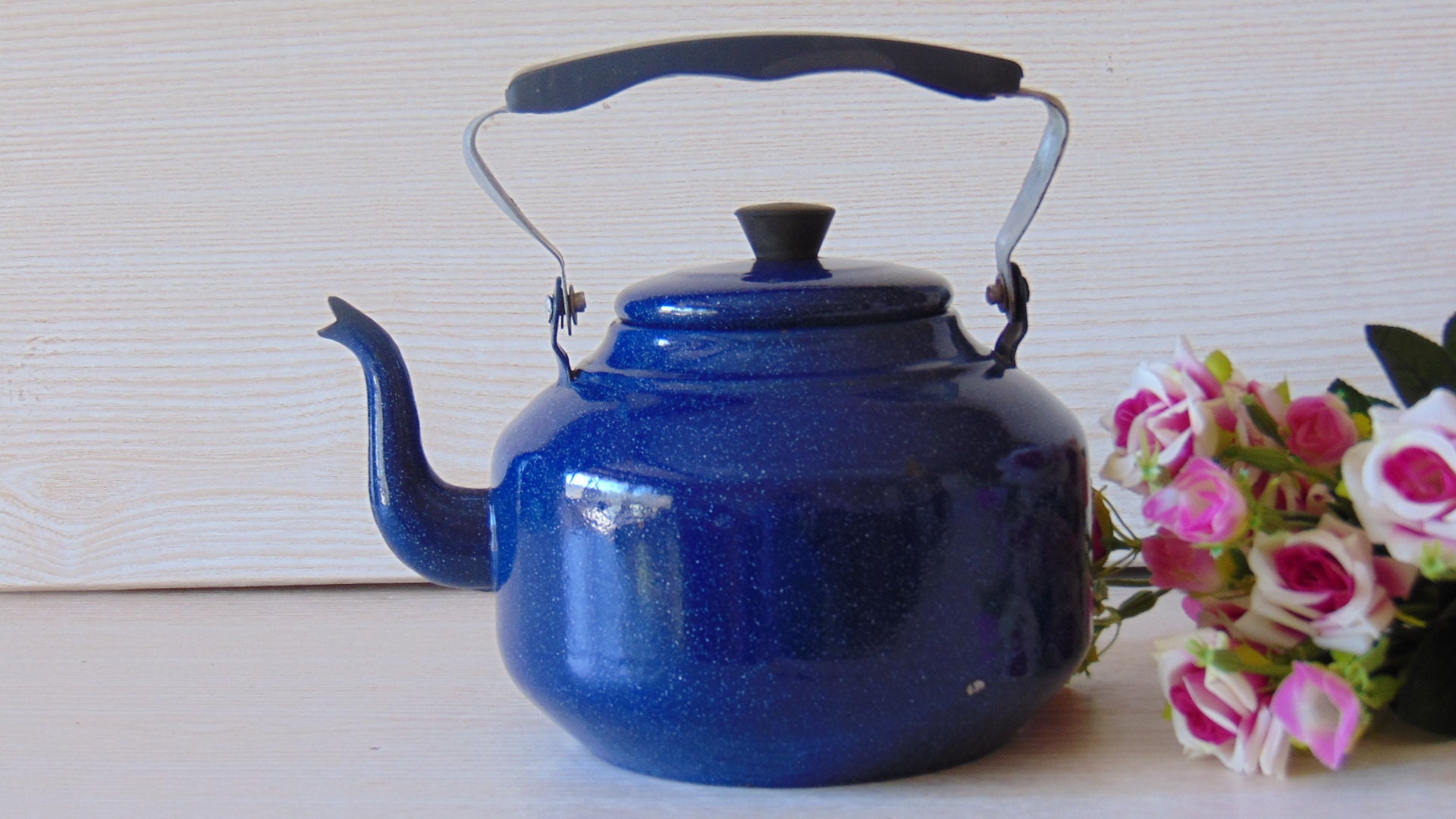 ON SALE Vintage Blue Enamel Kettle Blue Enamelled Steel Tea Etsy UK