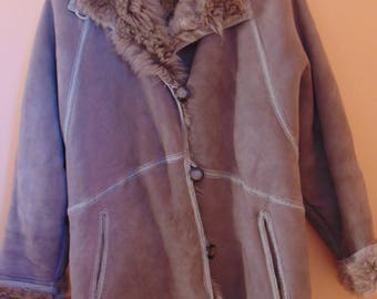 Vintage women's suede, shearling jacket, gray leather coat, warm winter jacket, fur coat shearl jacket, winter leather coat