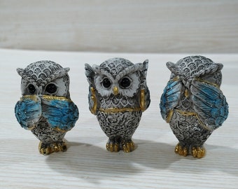 Set of 3 small owl figurines, See No Evil, Hear No Evil, Speak No Evil, I Don't Know I Didn't Hear I Didn't See Owls, Bird Sculpture