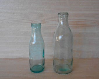 Set of 2 Vintage Glass Milk Bottle,Old Glass Bottles,Green Glass Dairy Container,Vintage Kitchen, Rustic Table Centerpiece,Retro Hom