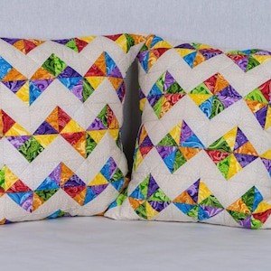 Handmade Quilted Pillow Set 16x16 • Chevron + Diamond Patchwork Throw Pillows • Canadian Artisan Home Decor