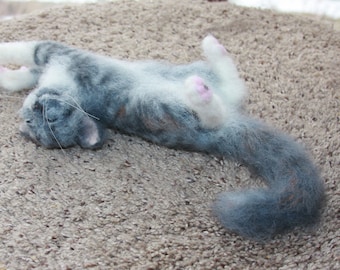 Needle felted wool sculpture of a very relaxed sleeping gray tabby cat