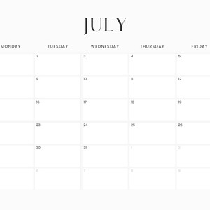 Peut inclure: Un calendrier vierge pour juillet 2024 avec les jours de la semaine étiquetés en haut. Le calendrier est divisé en sept colonnes pour chaque jour de la semaine et cinq lignes pour chaque semaine du mois.