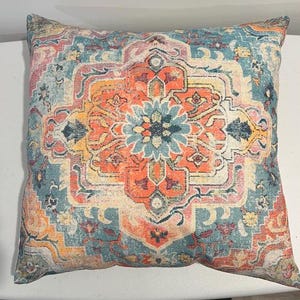 Throw Pillow Cover with Geometric Design in Blues and Oranges
