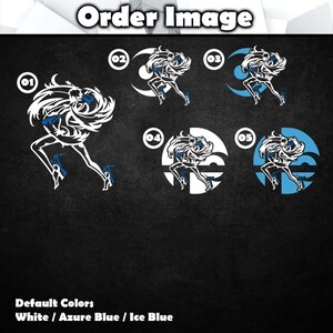May include: Five different variations of a white silhouette of a female figure with blue accents. The figure is in a dynamic pose with her hair flowing behind her. The background is black.