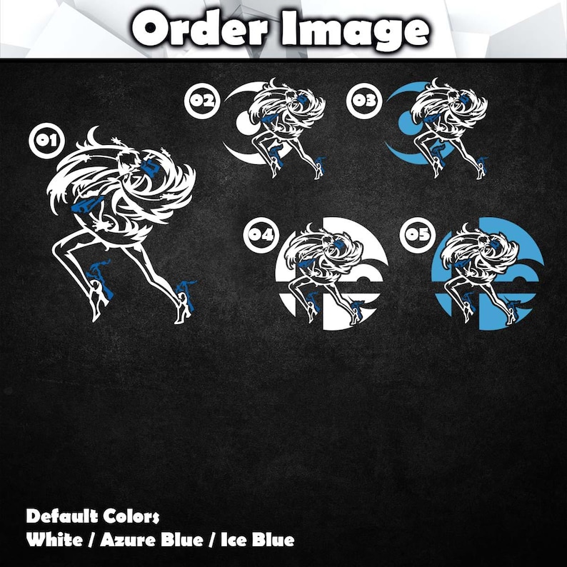 May include: Five different variations of a white silhouette of a female figure with blue accents. The figure is in a dynamic pose with her hair flowing behind her. The background is black.