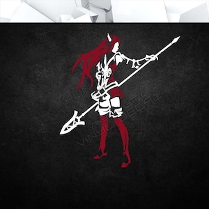 May include: A white silhouette of a woman with long red hair holding a spear. The woman is wearing a short skirt and boots. The background is black.