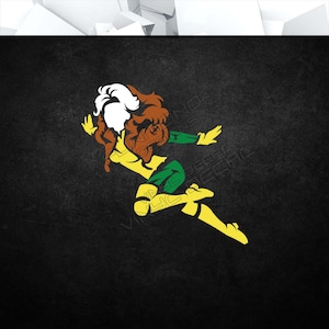 May include: A stylized graphic of a character in a dynamic pose, featuring a yellow and green bodysuit, brown jacket, and white hair. The design is set against a textured black background, with the words "VINYL DECAL" partially visible.