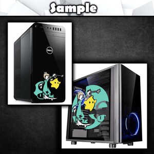 May include: A black desktop computer tower with a clear side panel. The side panel has a blue LED light and a graphic of a cartoon character. The computer tower has a Dell logo on the front.