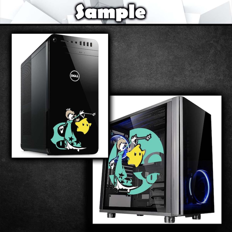 May include: A black desktop computer tower with a clear side panel. The side panel has a blue LED light and a graphic of a cartoon character. The computer tower has a Dell logo on the front.