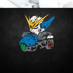 May include: A stylized illustration of a robot with a yellow, blue, and gray color scheme. The robot is holding a weapon in its right hand and has a large head with a yellow antenna.