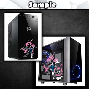 May include: A black Dell computer tower and a black computer case, both featuring a graphic decal of a character in a blue suit surrounded by pink abstract shapes and a pink rabbit icon. The computer case has a transparent side panel with blue lighting.