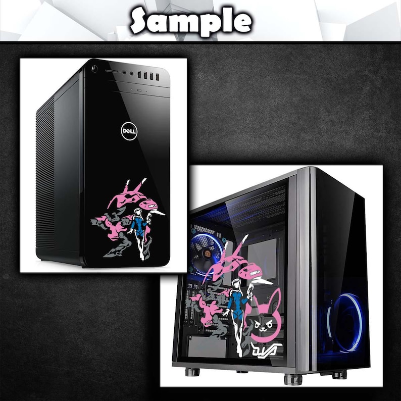May include: A black Dell computer tower and a black computer case, both featuring a graphic decal of a character in a blue suit surrounded by pink abstract shapes and a pink rabbit icon. The computer case has a transparent side panel with blue lighting.