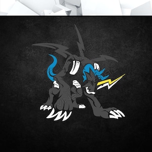 May include: A black and blue cartoon creature with sharp teeth and claws, a lightning bolt, and a dark gray background.