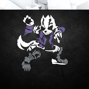 Könnte beinhalten: Eine weiße und violette Silhouette einer Cartoon-Fuchsfigur in Kampfpose. Der Fuchs trägt eine violette Jacke und hat einen weißen Schwanz.