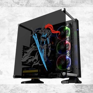 May include: A black computer case with a transparent side panel featuring a warrior graphic with a blue sword and red hair. The case has three illuminated fans with red, green, and blue lights.