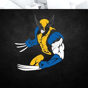 May include: A yellow and blue illustration of Wolverine, a superhero with claws, in a fighting pose.