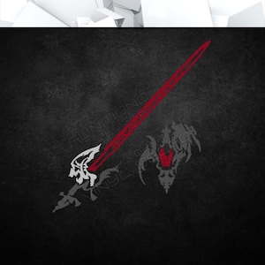 May include: A red sword with a gray and white design. The sword is in a diagonal position with the tip pointing to the upper right corner of the image.