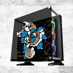 Peut inclure: Boîtier d'ordinateur noir avec un panneau latéral en verre trempé. Le panneau présente un dessin animé bleu et marron. Le boîtier dispose de trois ventilateurs avec des lumières LED colorées. Conçu pour les composants informatiques.