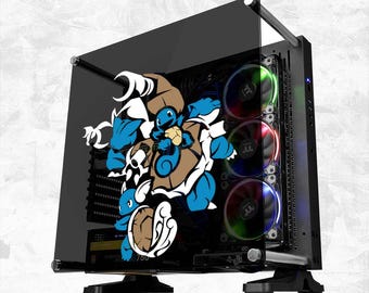 May include: Black computer case with a tempered glass side panel. The panel features a blue and brown cartoon graphic. The case has three fans with colourful LED lights. The case is designed to house computer components.