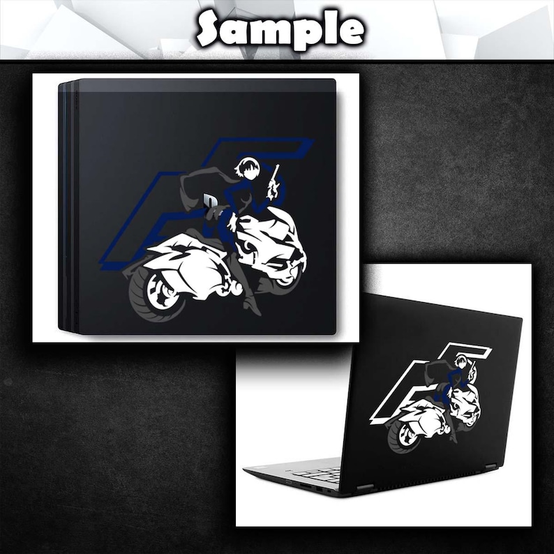 May include: A black gaming console with a white graphic of a person riding a motorcycle. The graphic is in the shape of the letter F.