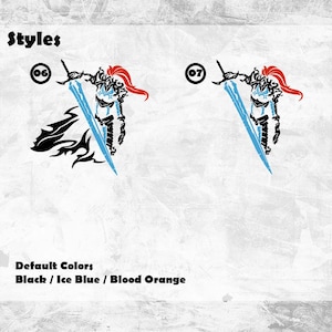 K&ouml;nnte beinhalten: Zwei stilisierte Krieger-Illustrationen in Schwarz, Eisblau und Blutorange. Ein Krieger hat einen flie&szlig;enden Umhang. Der Text "Styles" und die Nummern 06 und 07 stehen &uuml;ber den Illustrationen. Der Text "Default Colors" und "Black / Ice Blue / Blood Orange" stehen darunter.