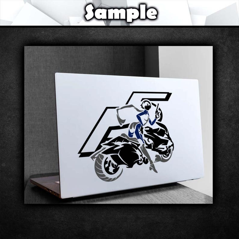 May include: A white laptop with a black and gray decal of a woman riding a motorcycle. The decal has a stylized letter "F" in the background.