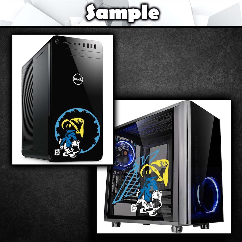 K&ouml;nnte beinhalten: Schwarzer Computerturm mit Dell-Logo und einem Aufkleber mit einer Cartoonfigur. Der Aufkleber zeigt eine blau-gelbe Figur in einem blauen Kreis. Ein zweites Computergeh&auml;use mit einer Glasseitenwand ist ebenfalls abgebildet.