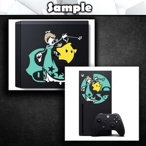May include: A black Nintendo Switch console with a custom design featuring a green and yellow character from the Super Smash Bros. video game series. The character is holding a wand and a yellow star. The console is shown with a black controller.
