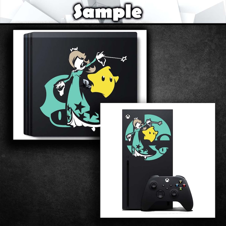 May include: A black Nintendo Switch console with a custom design featuring a green and yellow character from the Super Smash Bros. video game series. The character is holding a wand and a yellow star. The console is shown with a black controller.