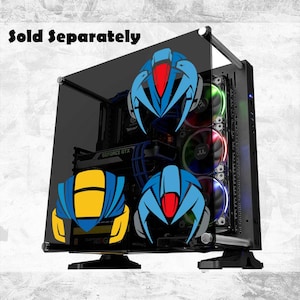 May include: A black computer tower with a clear side panel, showcasing internal components and colorful LED fans. The tower has three blue and red graphic decals. The text "Sold Separately" is at the top.