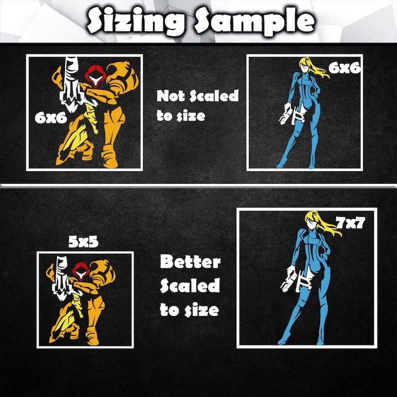 May include: A comparison of two different sizes of the same image. The image on the left is a yellow and red character with a gun. The image on the right is a blue character with a gun. The text "Not Scaled to Size" is above the left image and "Better Scaled to Size" is above the right image. The text "6x6" is in the top right corner of the left image and "7x7" is in the top right corner of the right image. The text "5x5" is in the top left corner of the left image.