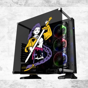 May include: A black computer case with a tempered glass side panel. The case features a graphic of a woman with purple hair and a yellow jacket holding a sword. The case has three illuminated fans with red, green, and blue lights.