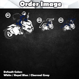May include: Three black and white motorcycle decals with a rider in a blue suit. The decals are numbered 01, 02, and 03. The default colors are white, royal blue, and charcoal gray.