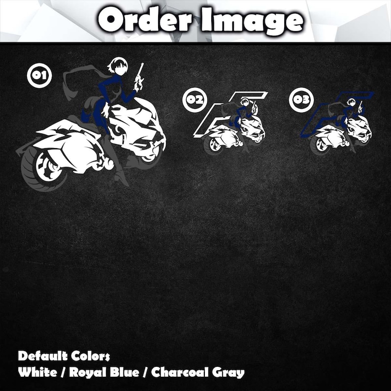 May include: Three black and white motorcycle decals with a rider in a blue suit. The decals are numbered 01, 02, and 03. The default colors are white, royal blue, and charcoal gray.