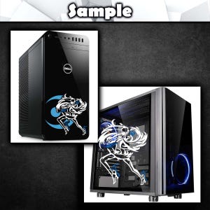 May include: Two black computer towers with a white graphic of a woman on the side. The tower on the right has a clear side panel showing the interior of the computer. The tower on the left has the word "DELL" on the front.