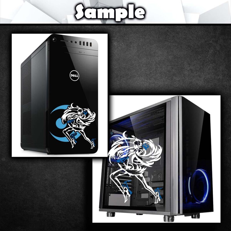 May include: Two black computer towers with a white graphic of a woman on the side. The tower on the right has a clear side panel showing the interior of the computer. The tower on the left has the word "DELL" on the front.