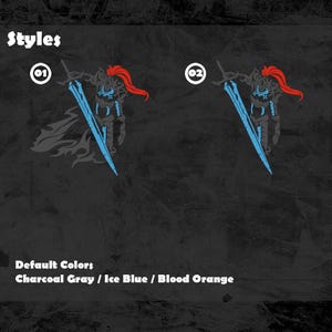 K&ouml;nnte beinhalten: Zwei Illustrationen eines Ritters mit einem Schwert, mit dem Wort "Styles" oben. Der Ritter ist in Anthrazitgrau mit eisblauem Schwert und Akzenten sowie blutrotem Haar gehalten. Der Text "Default Colors" und Farbbezeichnungen stehen darunter.