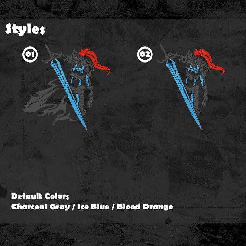 K&ouml;nnte beinhalten: Zwei Illustrationen eines Ritters mit einem Schwert, mit dem Wort "Styles" oben. Der Ritter ist in Anthrazitgrau mit eisblauem Schwert und Akzenten sowie blutrotem Haar gehalten. Der Text "Default Colors" und Farbbezeichnungen stehen darunter.