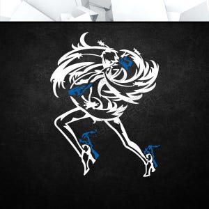 May include: White silhouette of a woman with flowing hair and a stylized design. The woman is wearing a pair of blue high heels.
