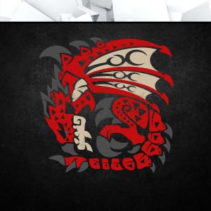 Könnte beinhalten: Eine stilisierte Illustration eines roten und grauen Drachen mit ausgebreiteten Flügeln. Der Drache ist in einer defensiven Position zusammengerollt, mit ausgefahrenen Krallen.