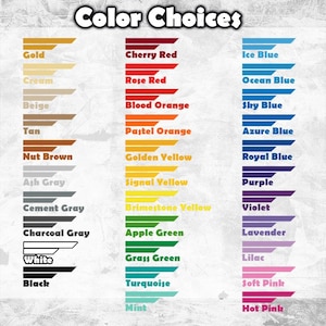 K&ouml;nnte beinhalten: Ein Farbfeld mit der &Uuml;berschrift "Color Choices". Die Tabelle zeigt eine Vielzahl von Farbmustern, die jeweils mit einem spezifischen Farbnamen versehen sind, darunter Gold, Rot, Blau, Gr&uuml;n und Rosa. Die Farben sind in Zeilen und Spalten angeordnet.