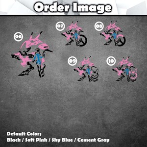 May include: A collection of five vinyl decal designs labeled 06 through 10, featuring black, soft pink, and sky blue silhouettes of a character and mechanical elements. The designs include various configurations of a figure, a rabbit icon, and circular symbols.