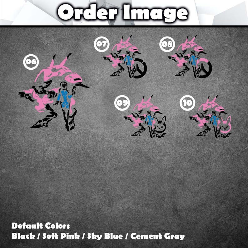 May include: A collection of five vinyl decal designs labeled 06 through 10, featuring black, soft pink, and sky blue silhouettes of a character and mechanical elements. The designs include various configurations of a figure, a rabbit icon, and circular symbols.
