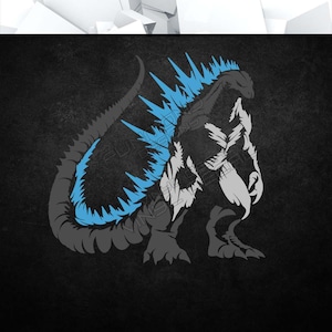 Puede incluir: Una silueta estilizada en negro y azul de un monstruo parecido a Godzilla con dientes afilados y una aleta dorsal azul puntiaguda.