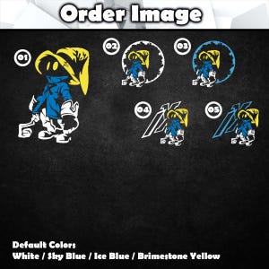K&ouml;nnte beinhalten: Ein Bild mit f&uuml;nf verschiedenen Designs eines Cartoon-Charakters in Wei&szlig;, Himmelblau, Eisblau und Schwefelgelb. Die Figur tr&auml;gt ein blaues Outfit und einen gelben Hut. Der Text "Order Image" steht oben und "Default Colors" unten.