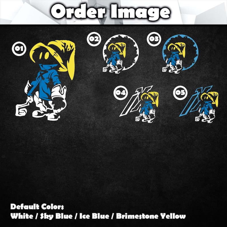 K&ouml;nnte beinhalten: Ein Bild mit f&uuml;nf verschiedenen Designs eines Cartoon-Charakters in Wei&szlig;, Himmelblau, Eisblau und Schwefelgelb. Die Figur tr&auml;gt ein blaues Outfit und einen gelben Hut. Der Text "Order Image" steht oben und "Default Colors" unten.